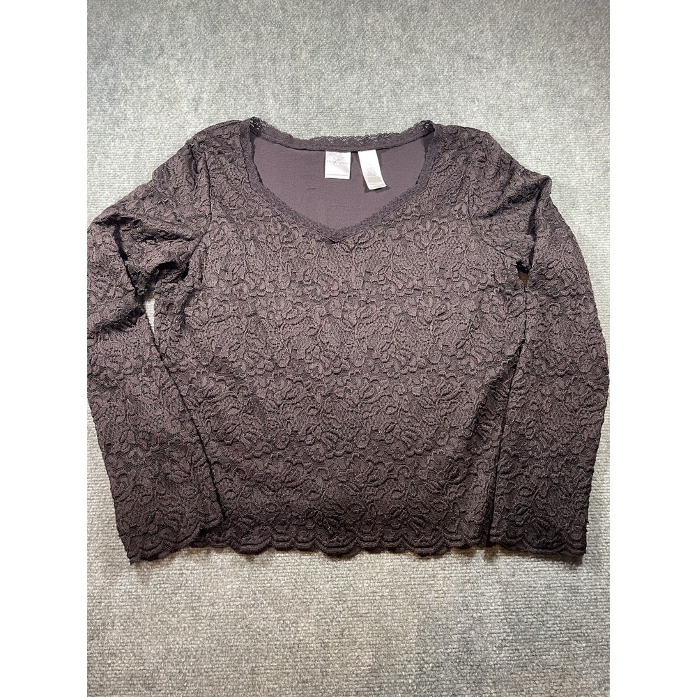 Emma James Chocolate Floral Lace Knit Nylon/Spandex Top Womens Sz M Semi Sheer